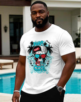 Men's Plus Size White Hawaiian Skull Corsage Print Round Neck Short Sleeve Tee